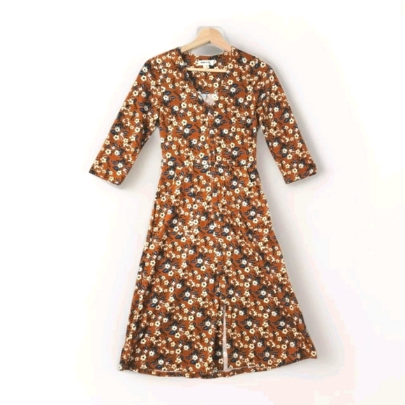 Monteau Brown Midi Classic Dress Floral 3/4  sleeve Casual Reserved Button Front - Picture 1 of 12
